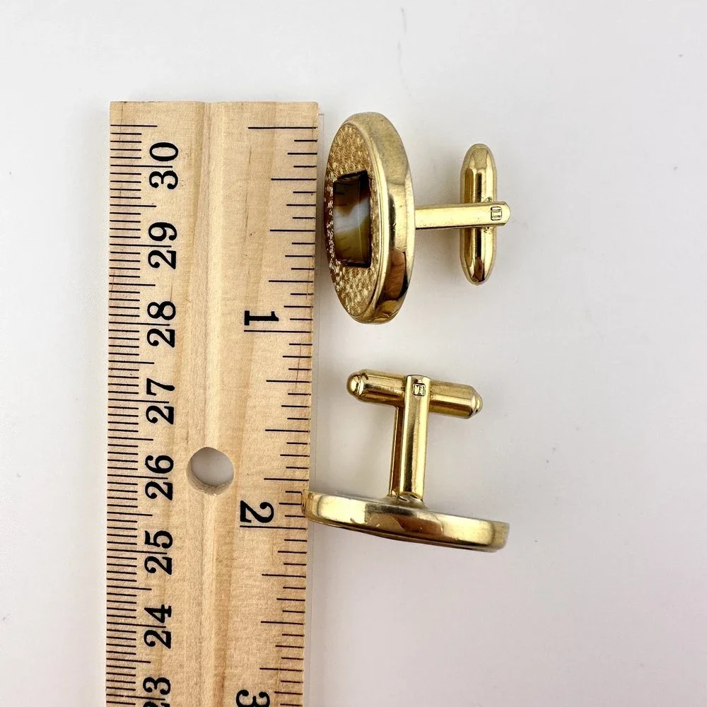 Vintage Hickok Canada Gold Tone Oval Cufflinks Set Inset Glass Rectangle 1